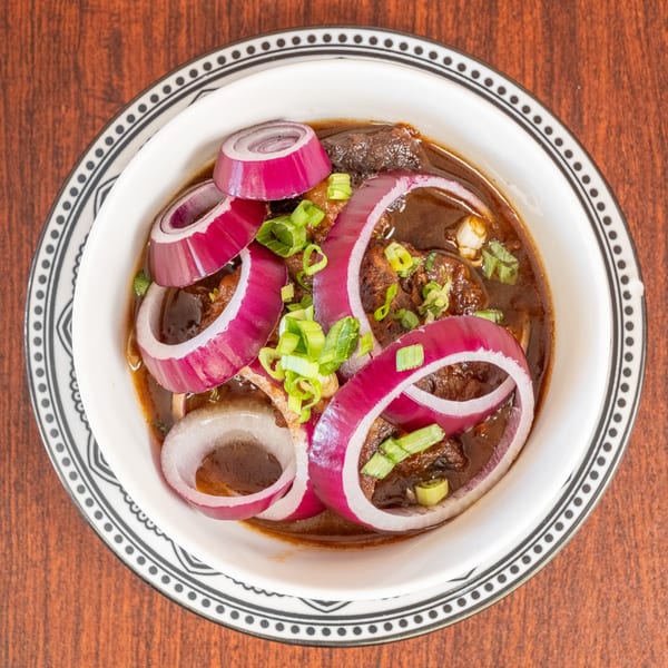 Overhead view of a bowl of dark stew topped with red onion rings and chopped green onions.